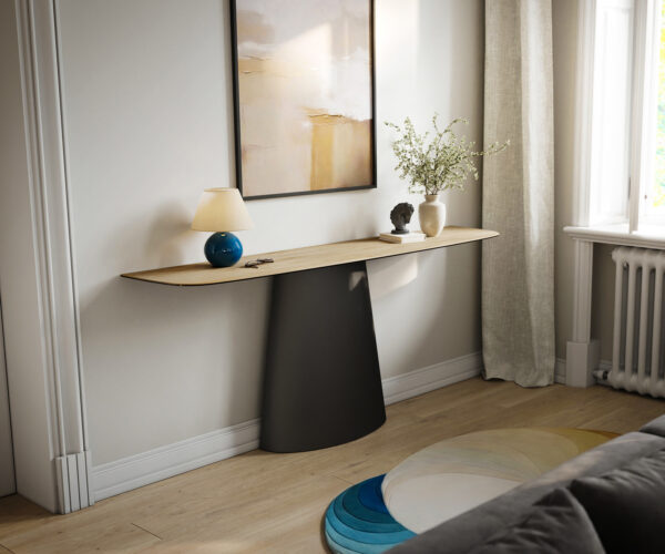 Konzolasztal Edge hajóformájú 180x40 cm Laminam® Sabbia kerámia tölgyszínű Conos fekete fém