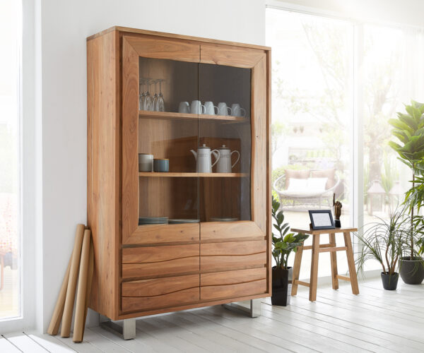 Üvegvitrin Live-Edge 120x190 cm akác természetes egyenes él 2 ajtós 4 fiókos masszív
