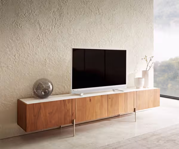 TV szekrény Secara 220 cm akác természetes 4 ajtós márvány láb rozsdamentes acél
