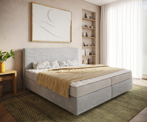 Boxspring ágy Dream-Well mikroszálas ezüstszürke 200x200 cm bonell matrac PU topper