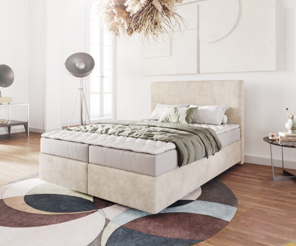 Boxspring ágy Dream-Well 140x200 cm kordbársony bézs matraccal és topperrel