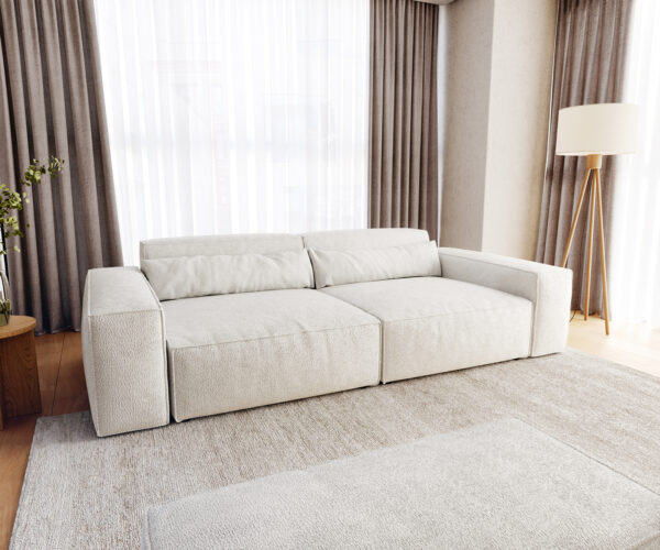 Nagy kanapé Sirpio XL 270x130 cm bouclé krémfehér puffal