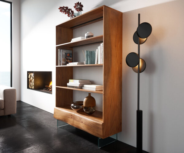 Polcok New Live-Edge 115x150 cm akác természetes 2 fiók üvegláb lebegő