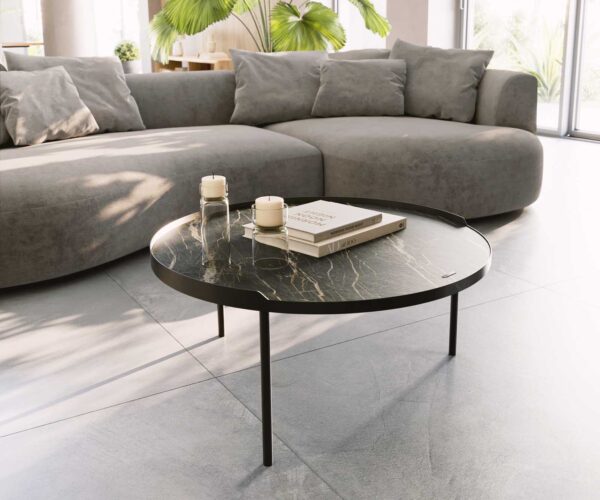 Dohányzóasztal Torell 80x80 cm kerámia Laminam®Noir Desir barna fémkeret titán effekt felület