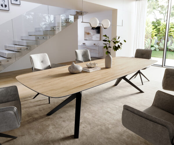 Étkezőasztal Edge hajóformájú 300x120 cm Laminam® Sabbia kerámia tölgyszínű Zenthara szögletes fém fekete