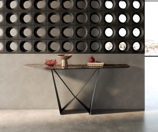 Konzolasztal Edge poligonális 180x50 cm kerámia emperador extra polírozott sötétbarna Spios fém fekete