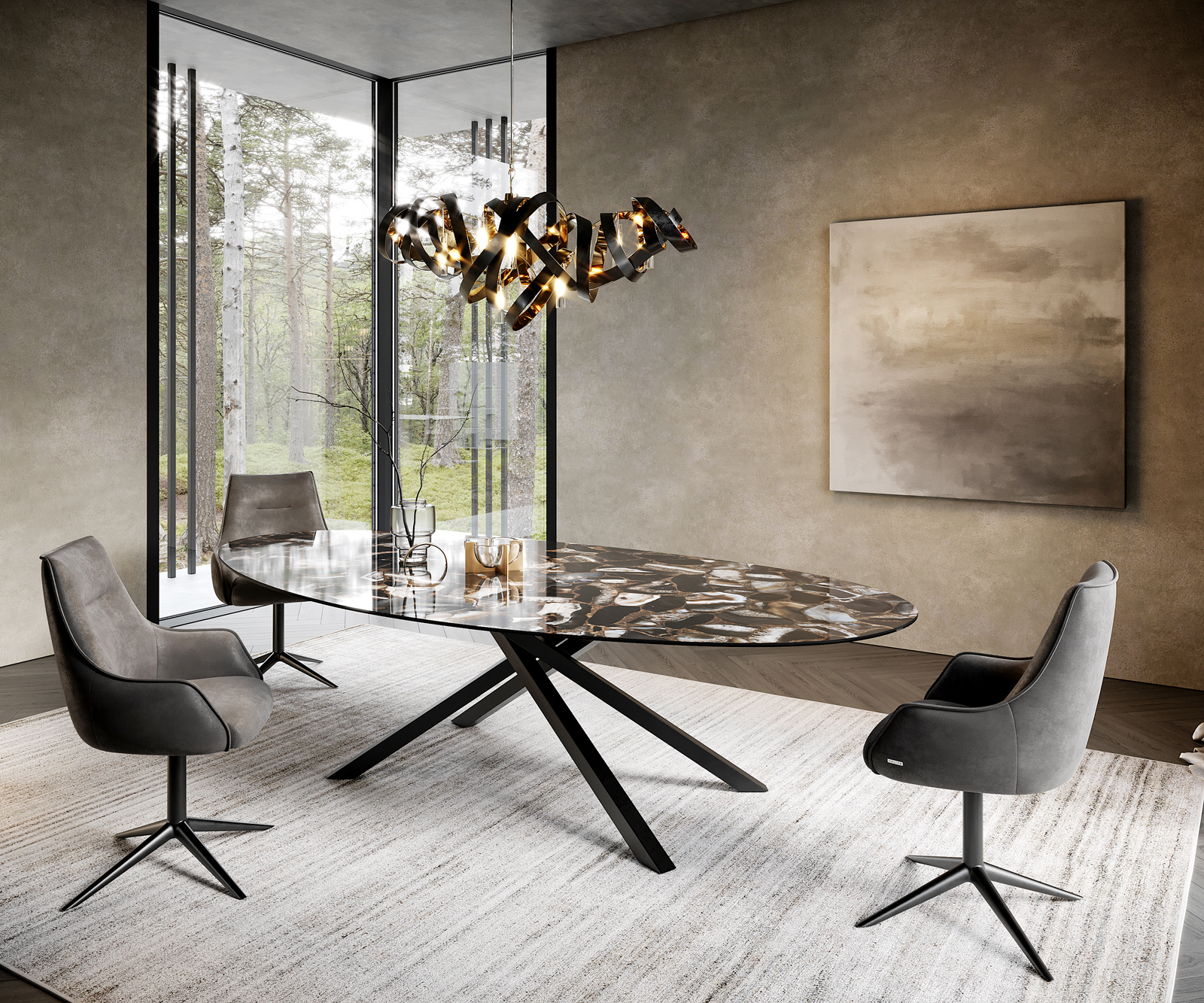 Étkezőasztal Edge ovális 280x130 cm kerámia iris FMG agatablack kereszt láb négyzet alakú fekete - Image 4