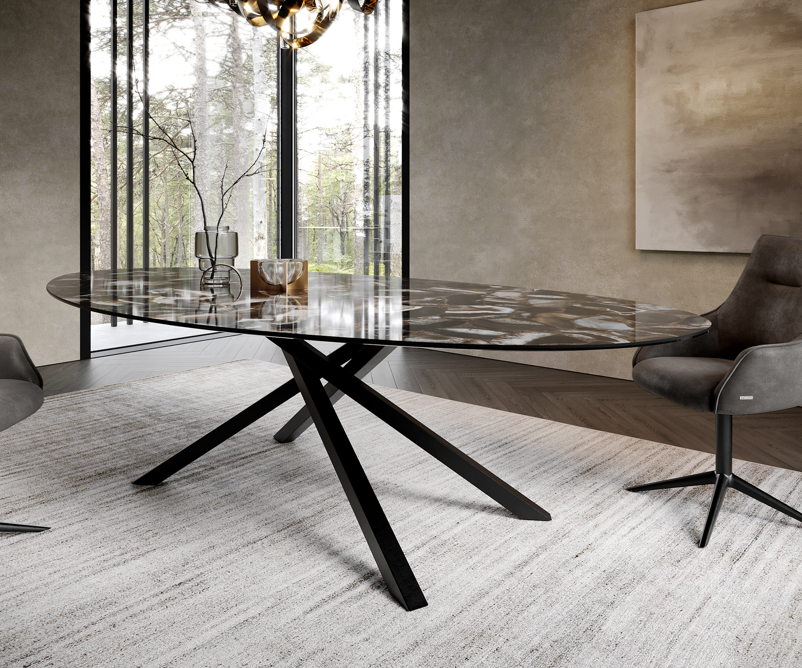 Étkezőasztal Edge ovális 280x130 cm kerámia iris FMG agatablack kereszt láb négyzet alakú fekete - Image 6