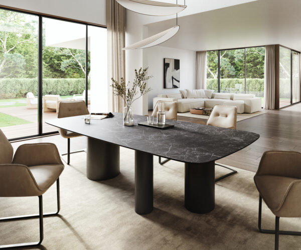 Étkezőasztal Edge hajóformájú 260x120 cm Laminam® kerámia Nero Greco antracit Troa fekete fém