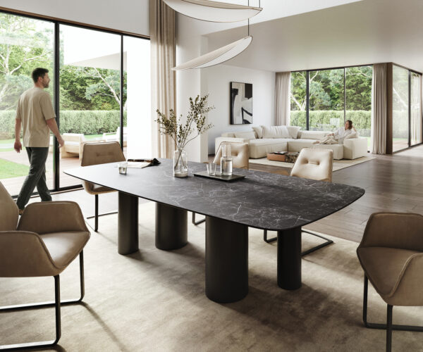 Étkezőasztal Edge hajóformájú 260x120 cm Laminam® Nero Greco kerámia antracit Pilier fém fekete