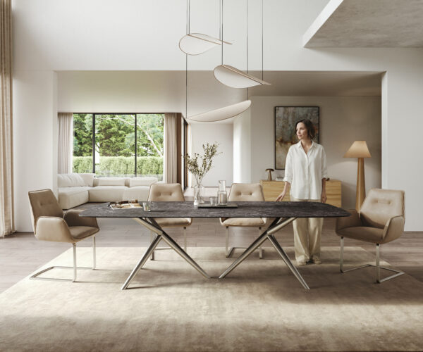 Étkezőasztal Edge hajóformájú 260x120 cm Laminam® Nero Greco antracit Estelar kerámia rozsdamentes acél