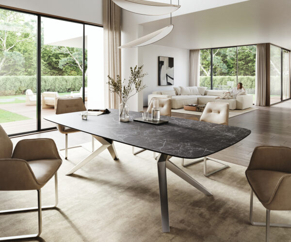 Étkezőasztal Edge hajóformájú 260x120 cm Laminam® Nero Greco kerámia antracit Zenthara szögletes rozsdamentes acél