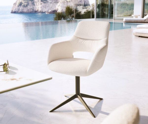 Kültéri étkezőszék Yago-Flex karfával bouclé fehér kereszt láb titán színű effekt finish 360° forgatható billenő funkció