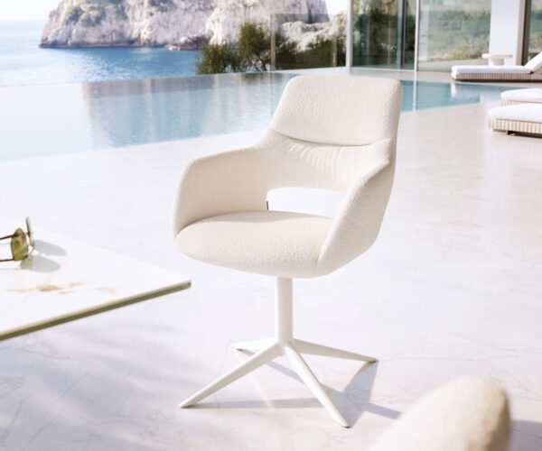 Kültéri étkezőszék Yago-Flex karfás bouclé fehér fehér kereszt lábas 360° forgatható billenő funkció