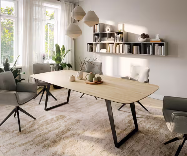 Étkezőasztal Edge hajóformájú 260x120 cm Laminam® Sabbia kerámia tölgyszínű fém ferde fekete