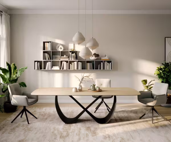 Étkezőasztal Edge hajóformájú 260x120 cm Laminam® Sabbia kerámia tölgyszínű Infinity fekete fém