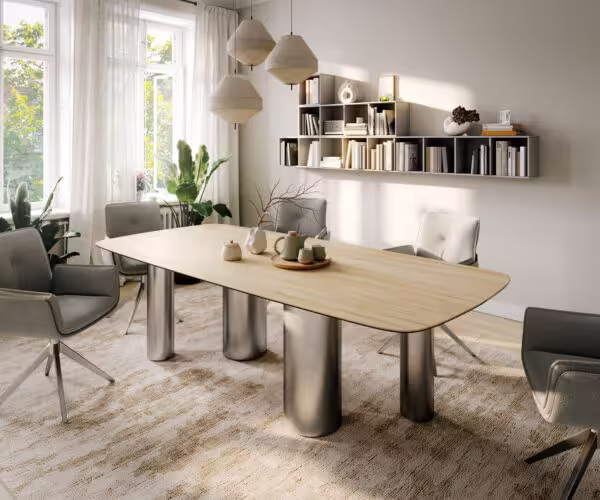 Étkezőasztal Edge hajóformájú 260x120 cm Laminam® Sabbia kerámia tölgyszínű Pilier rozsdamentes acél szálcsiszolt