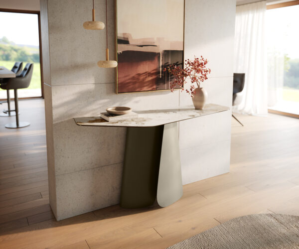 Konzolasztal Edge poligonális 140x50 cm kerámia Minas melange fehér-bézs Livos fém titán effekt finish