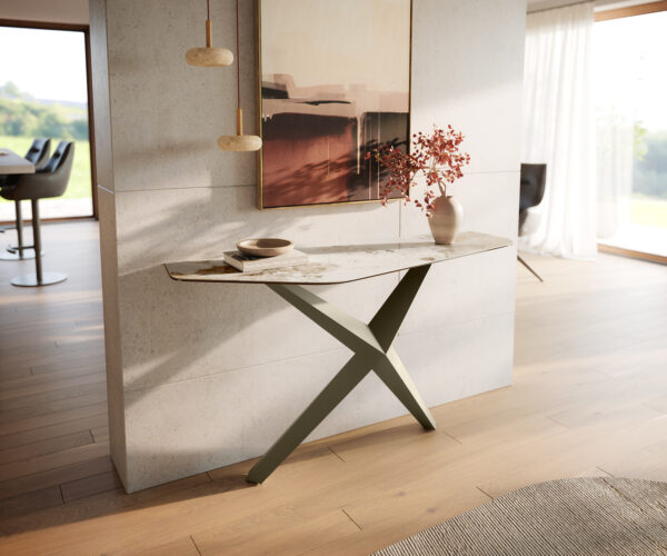 Konzolasztal Edge poligonális 140x50 cm kerámia Minas melange fehér-bézs Zentharo fém titán színű effekt finish