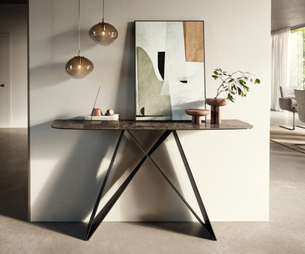 Konzolasztal Edge hajóformájú 140x40 cm kerámia emperador extra lucido sötétbarna Velio fém fekete