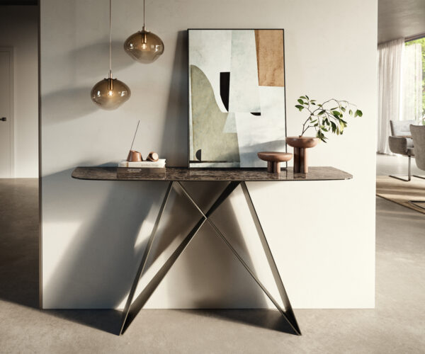 Konzolasztal Edge hajóformájú 140x40 cm kerámia emperador extra fényes sötétbarna Velio fém titán színű hatású