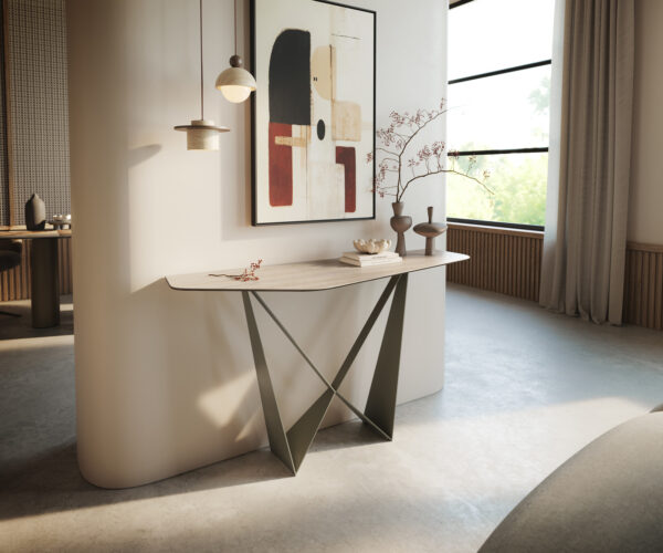 Konzolasztal Edge poligonális 140x50 cm kerámia Laminam® Travertino Bianco krémfehér Spios fém titán színű effekt finish