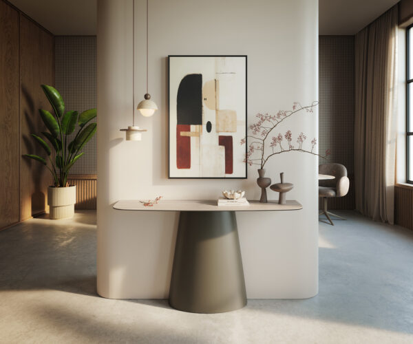 Konzolasztal Edge hajóformájú 140x40 cm Laminam® Travertino Bianco kerámia krémfehér Conos fém titán színű effekt finish