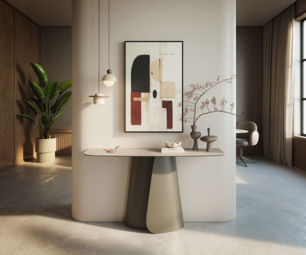 Konzolasztal Edge hajóformájú 140x40 cm kerámia Laminam® Travertino Bianco krémfehér Livos fém titán színű effekt finish