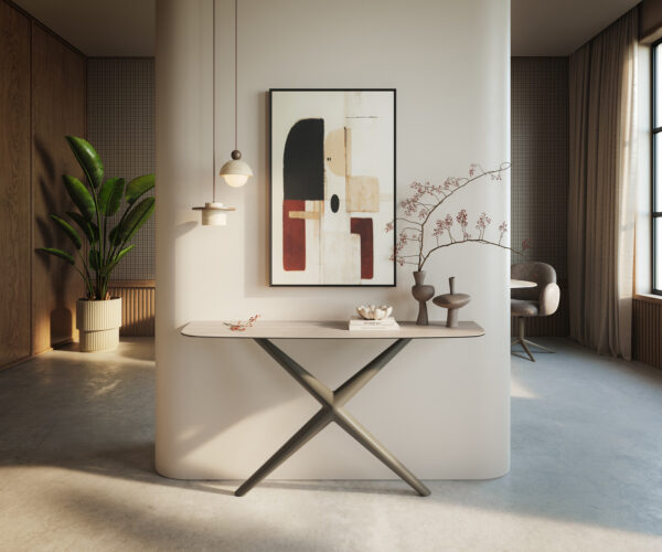 Konzolasztal Edge hajóformájú 140x40 cm kerámia Laminam® Travertino Bianco krémfehér Estelo fém titán színű hatású