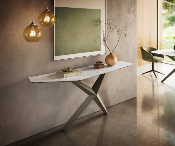 Konzolasztal Edge poligonális 180x50 cm kerámia onyx gyöngyház Zentharo fém titán színű effekt finish