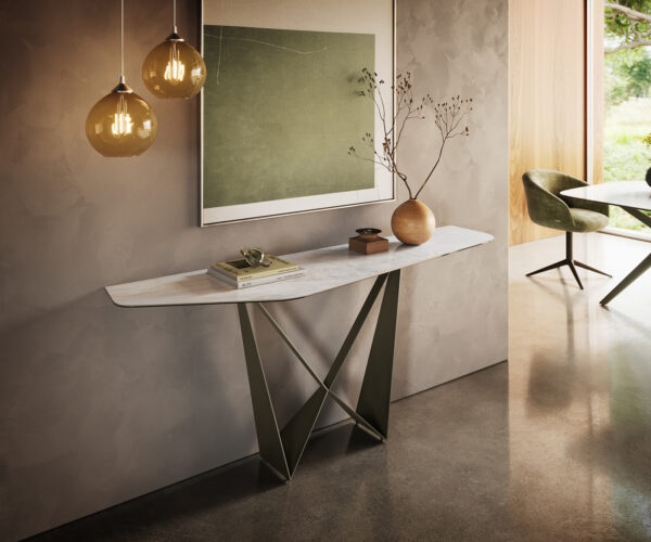 Konzolasztal Edge poligonális 180x50 cm kerámia onyx gyöngyház Spios fém titán színű effektfinish