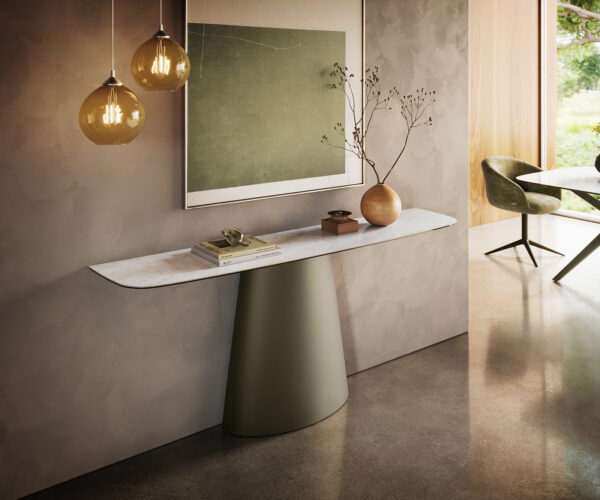 Konzolasztal Edge hajóformájú 180x40 cm kerámia onyx pearl Conos fém titán színű effekt finish