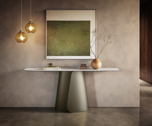 Konzolasztal Edge hajóformájú 180x40 cm kerámia onyx gyöngyház Livos fém titán effekt finish