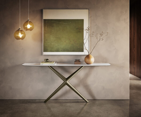 Konzolasztal Edge hajóformájú 180x40 cm kerámia onyx gyöngyház Estelo fém titán színű effekt finish