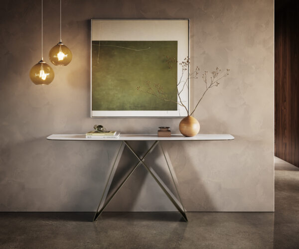 Konzolasztal Edge hajóformájú 180x40 cm kerámia onyx gyöngyház Velio fém titán színű effektfinish