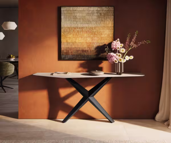 Konzolasztal Edge poligonális 180x50 cm Laminam® Travertino Bianco krémfehér Zentharo fém fekete