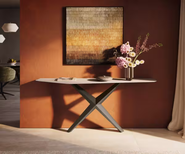 Konzolasztal Edge poligonális 180x50 cm Laminam® travertino bianco krémfehér Zentharo fém titán színű effekt finish