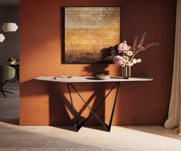 Konzolasztal Edge poligonális 180x50 cm Laminam® Travertino Bianco krémfehér kerámia Spios fekete fém