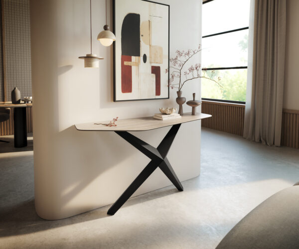 Konzolasztal Edge poligonális 140x50 cm Laminam® Travertino Bianco krémfehér Zentharo fém fekete