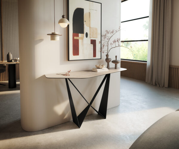 Konzolasztal Edge poligonális 140x50 cm Laminam® Travertino Bianco krémfehér Spios fém fekete