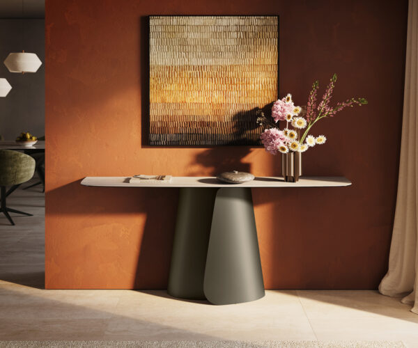 Konzolasztal Edge hajóformájú 180x40 cm Laminam® Travertino Bianco krémfehér Livos fém titán színű hatású