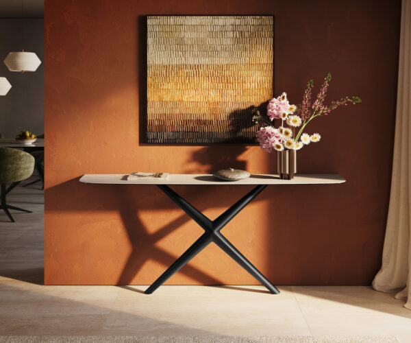Konzolasztal Edge hajóformájú 180x40 cm Laminam® Travertino Bianco krémfehér fém fekete