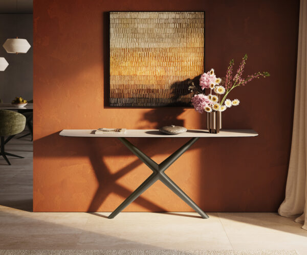 Konzolasztal Edge hajóformájú 180x40 cm kerámia Laminam® Travertino Bianco krémfehér Estelo fém titán színű effekt finish