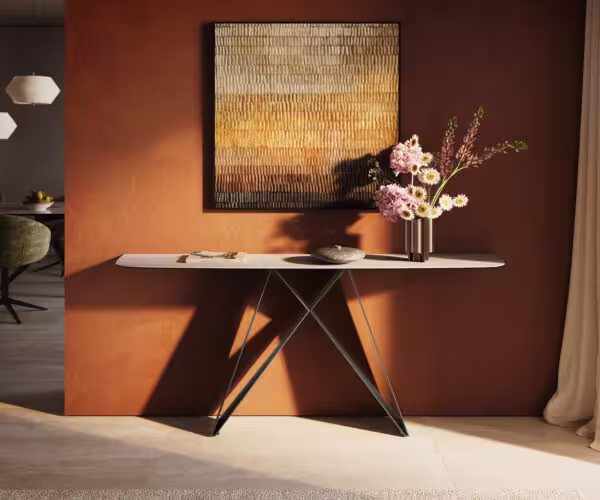 Konzolasztal Edge hajóformájú 180x40 cm Laminam® Travertino Bianco krémfehér Velio fém titán színű hatású