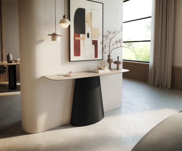 Konzolasztal Edge hajóformájú 140x40 cm Laminam® Travertino Bianco kerámia krémfehér Conos fém fekete