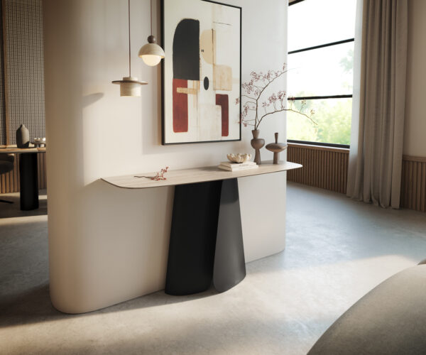 Konzolasztal Edge hajóformájú 140x40 cm Laminam® Travertino Bianco krémfehér Livos fekete fém