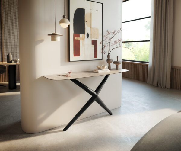 Konzolasztal Edge hajóformájú 140x40 cm Laminam® Travertino Bianco krémfehér Estelo fém fekete