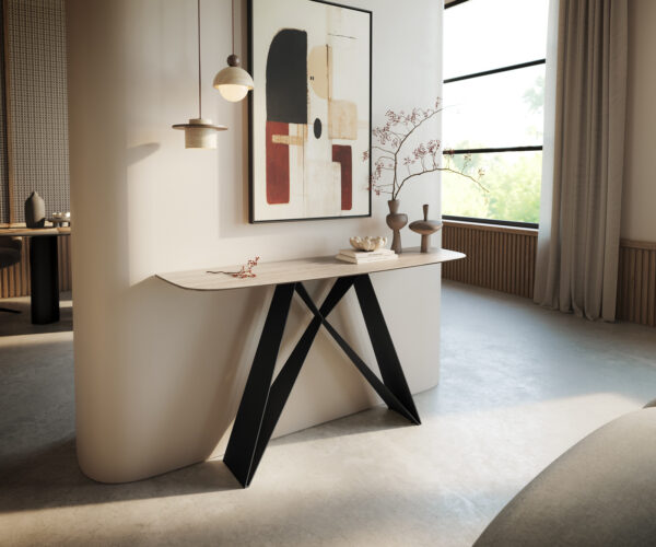 Konzolasztal Edge hajóformájú 140x40 cm kerámia Laminam® Travertino Bianco krémfehér Velio fém fekete