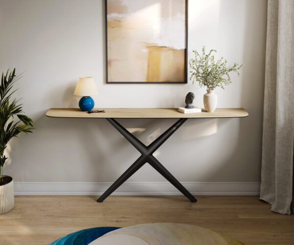 Konzolasztal Edge hajóformájú 180x40 cm Laminam® Sabbia kerámia tölgyszínű Estelo fém fekete