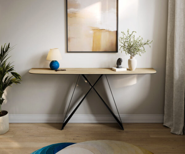 Konzolasztal Edge hajóformájú 180x40 cm Laminam® Sabbia kerámia tölgyszínű Velio fekete fém